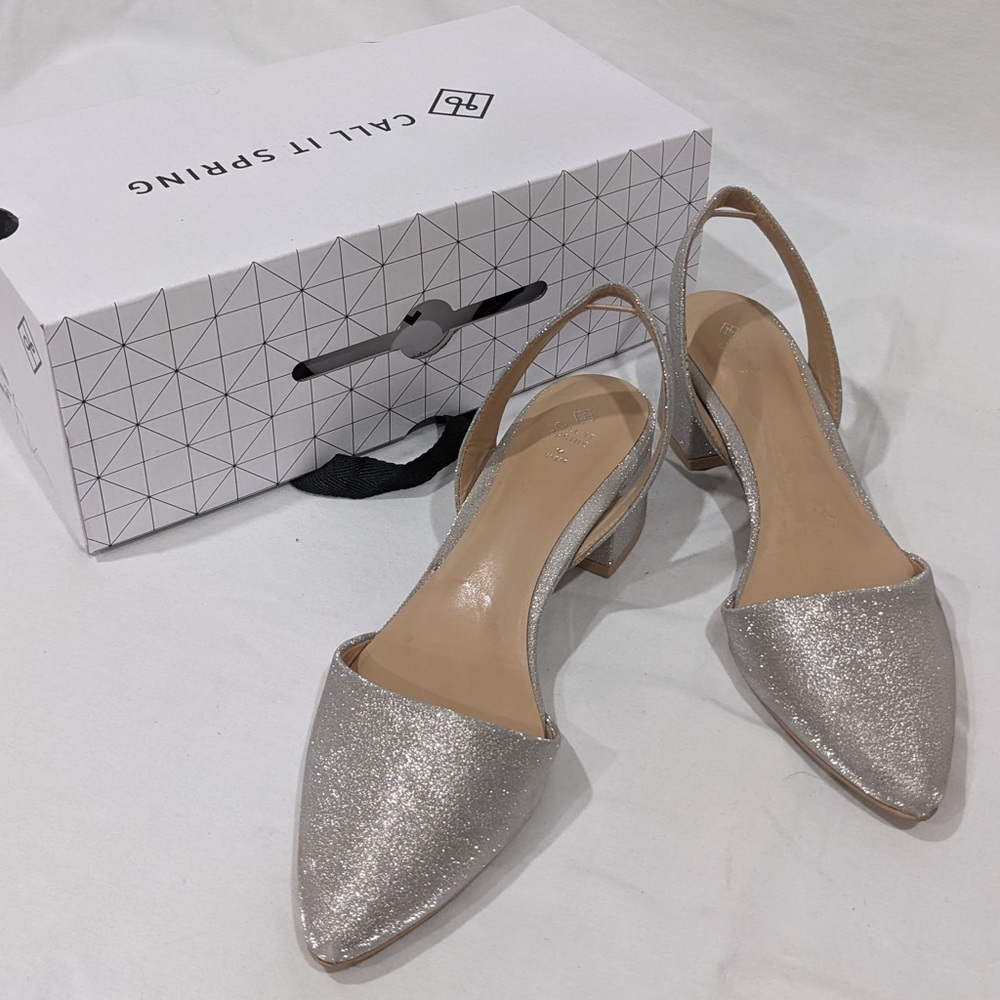 Sparkly silver shimmer pointy toe sling back heels